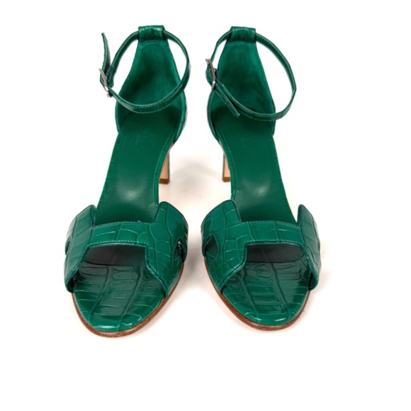 HERMES Joy 70 Special Order Green Shiny Mississippiensis Alligator Sandals 37 - Picture 6 of 13